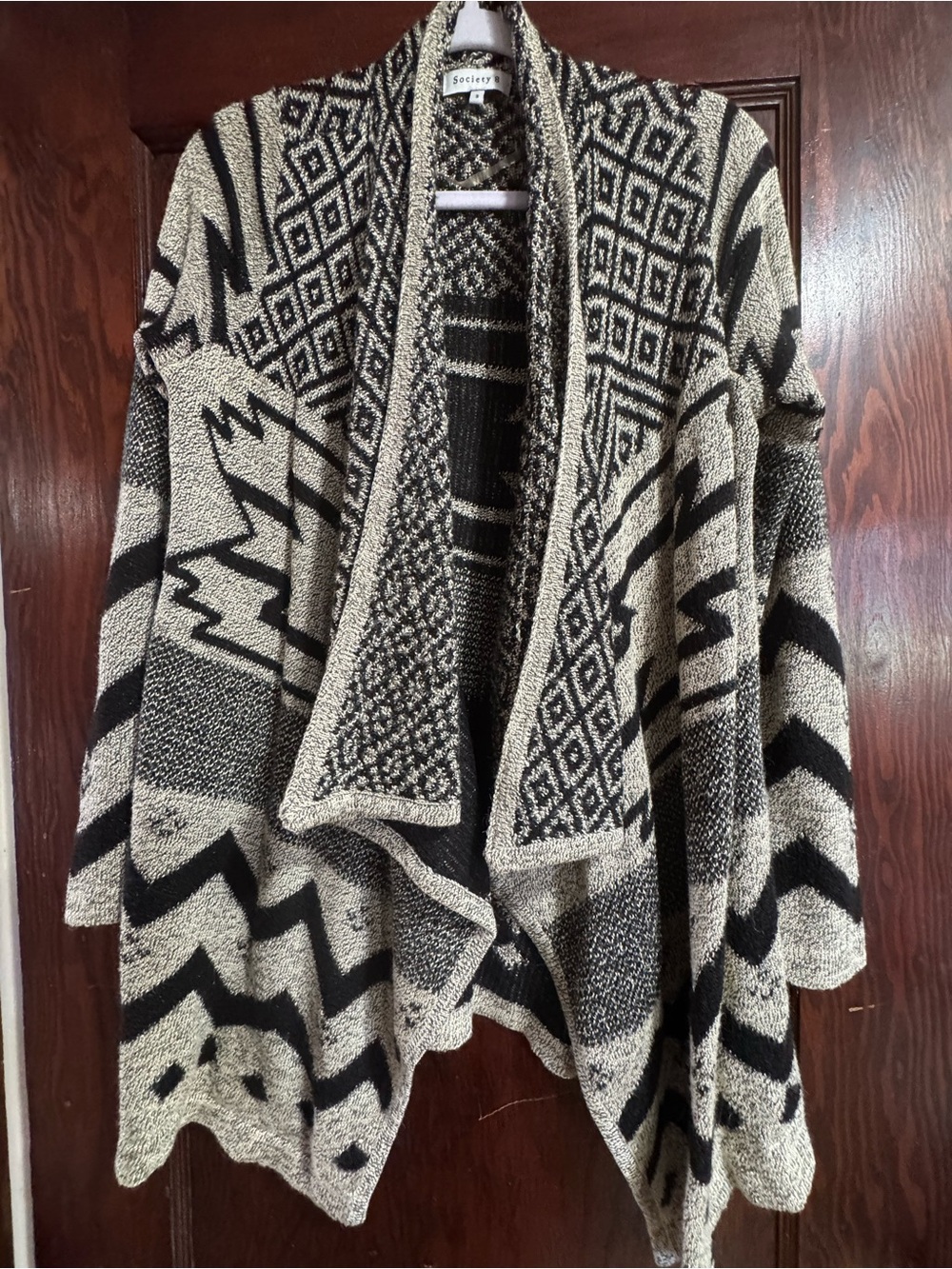 Society Black & Cream Geometric Draped Open-Front Cardigan
